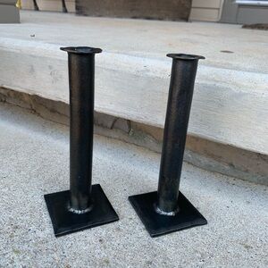 Pair 2 Metal Industrial Primitive Welded Black Candlestick Holders